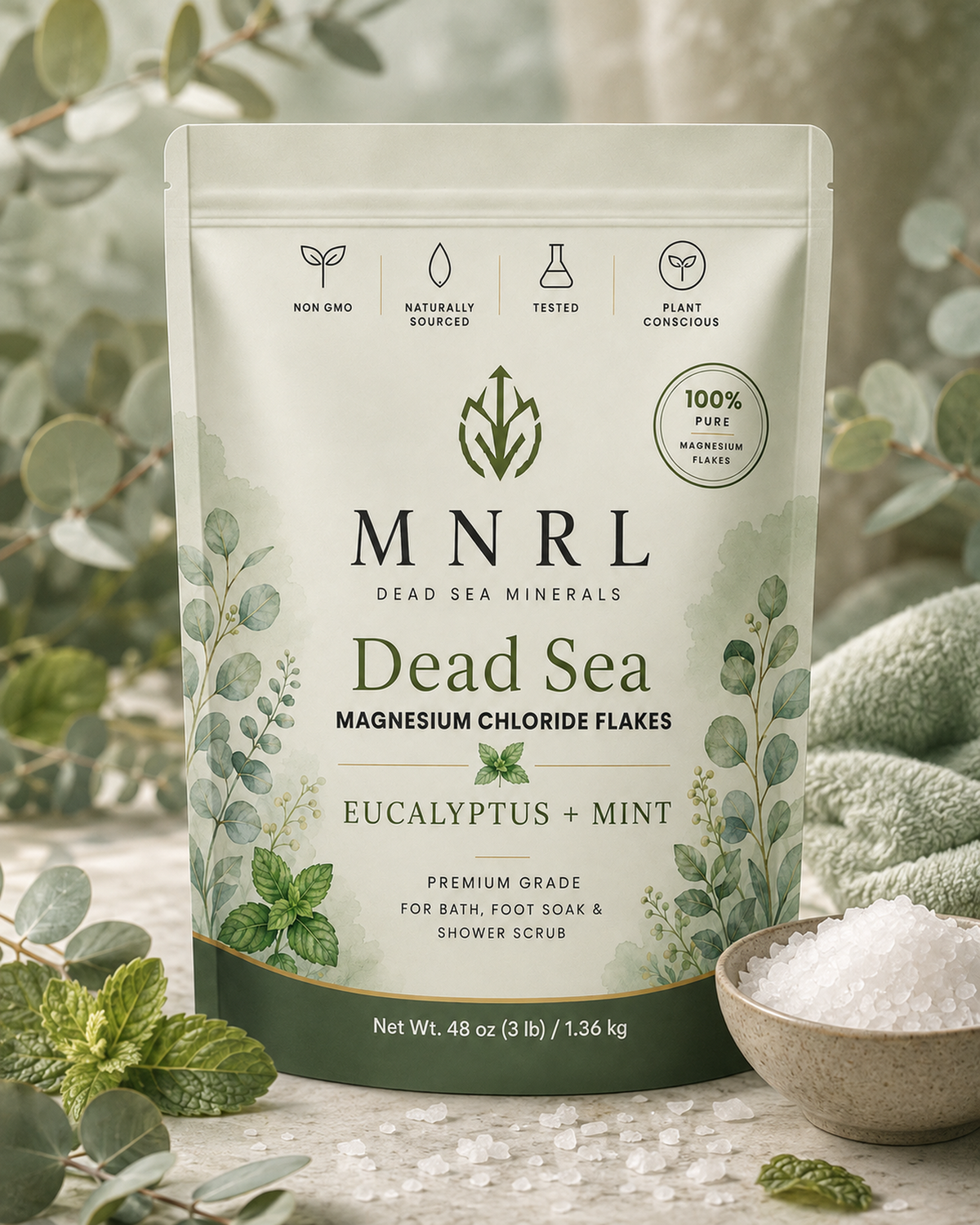 MNRL Dead Sea Magnesium Chloride Flakes, Eucalyptus + Mint, 48oz pouch