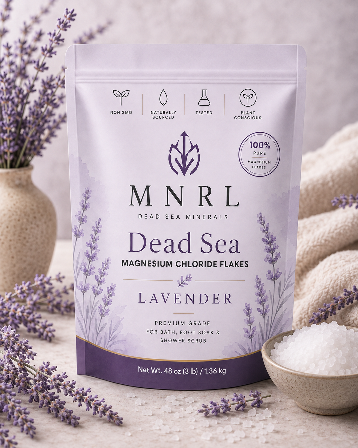 MNRL Dead Sea Magnesium Chloride Flakes, Lavender, 48oz pouch