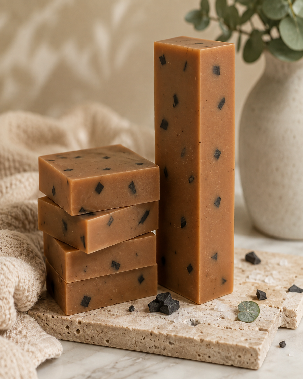 MNRL Dead Sea Mud Scrub Soap bars, tan-amber base with activated charcoal flecks