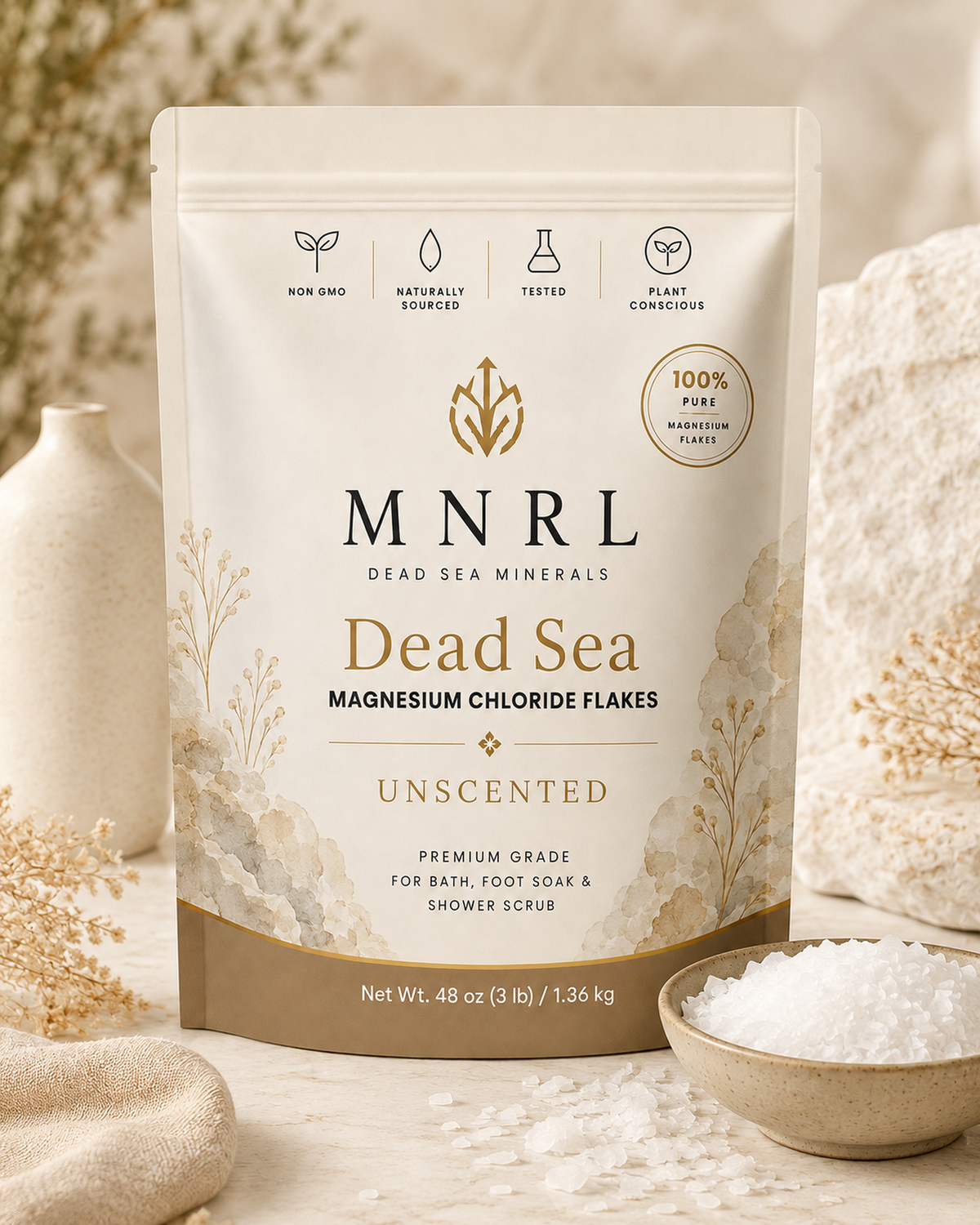 MNRL Dead Sea Magnesium Chloride Flakes, Unscented, 48oz pouch