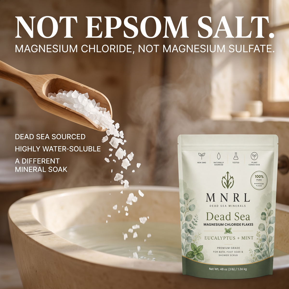 MNRL Dead Sea Magnesium Chloride Flakes — not Epsom salt, magnesium chloride not magnesium sulfate, Dead Sea sourced, highly water-soluble