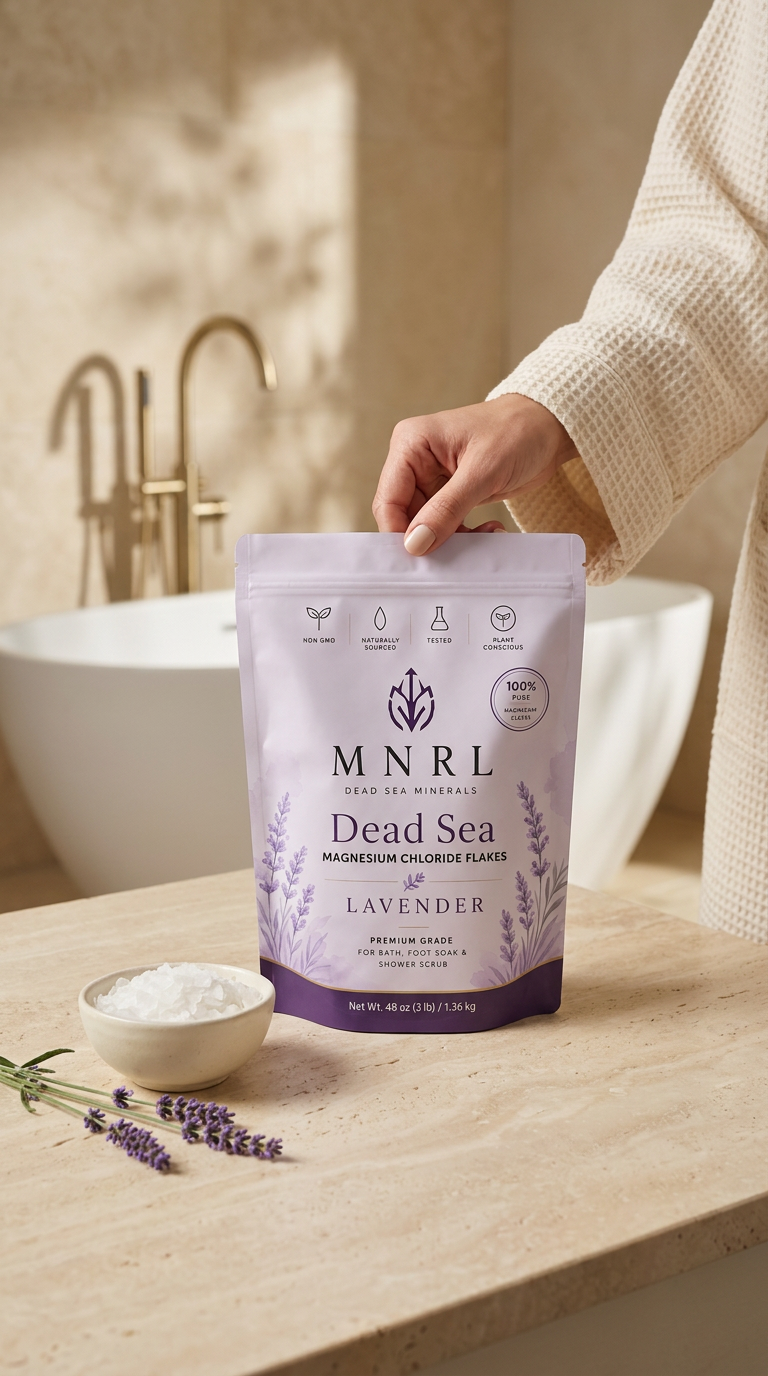 MNRL Dead Sea Magnesium Chloride bath salts pouch held in a bathroom, part of an evening bath ritual