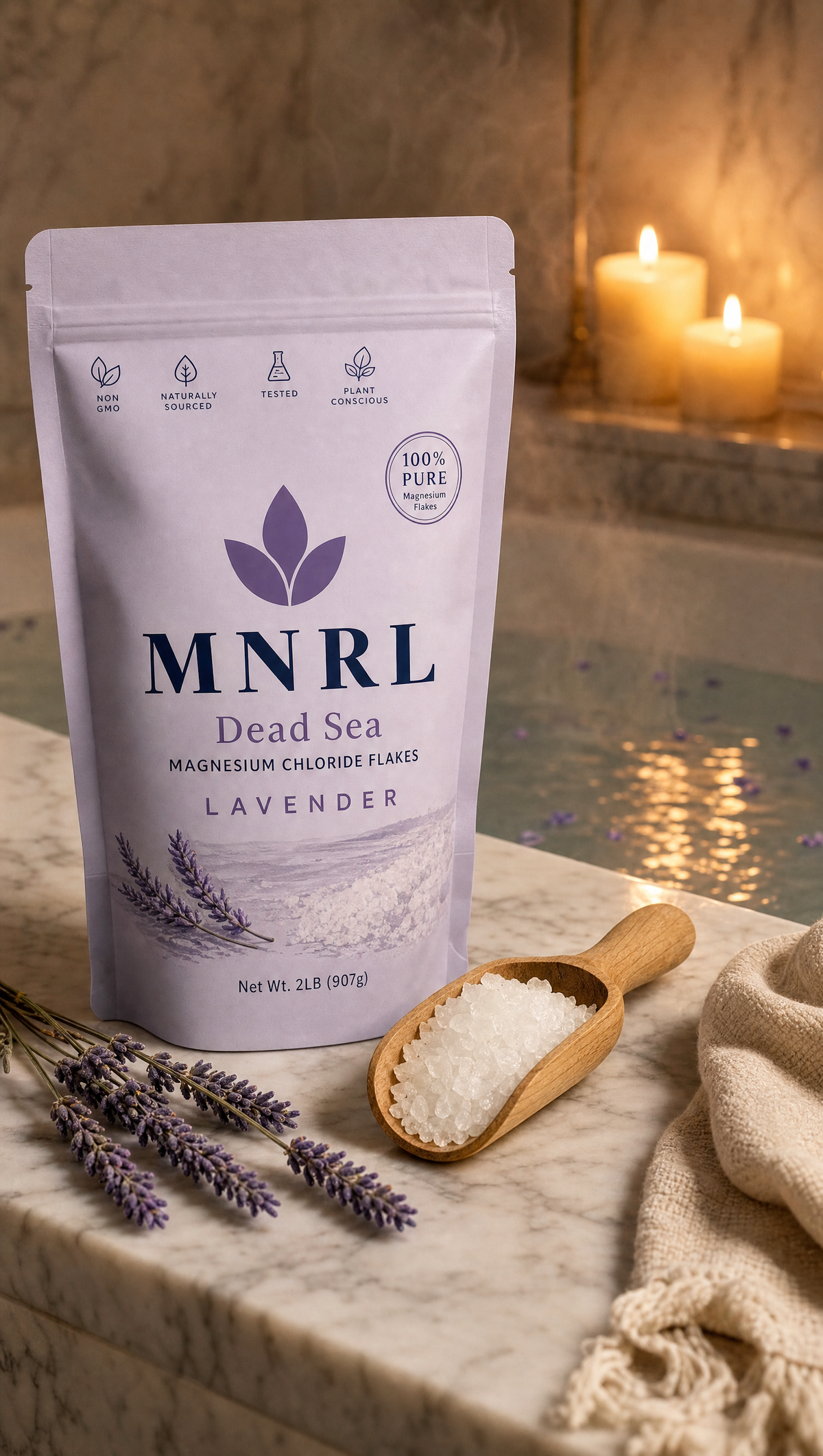 MNRL Dead Sea Magnesium Chloride bath ritual, candles and lavender bath
