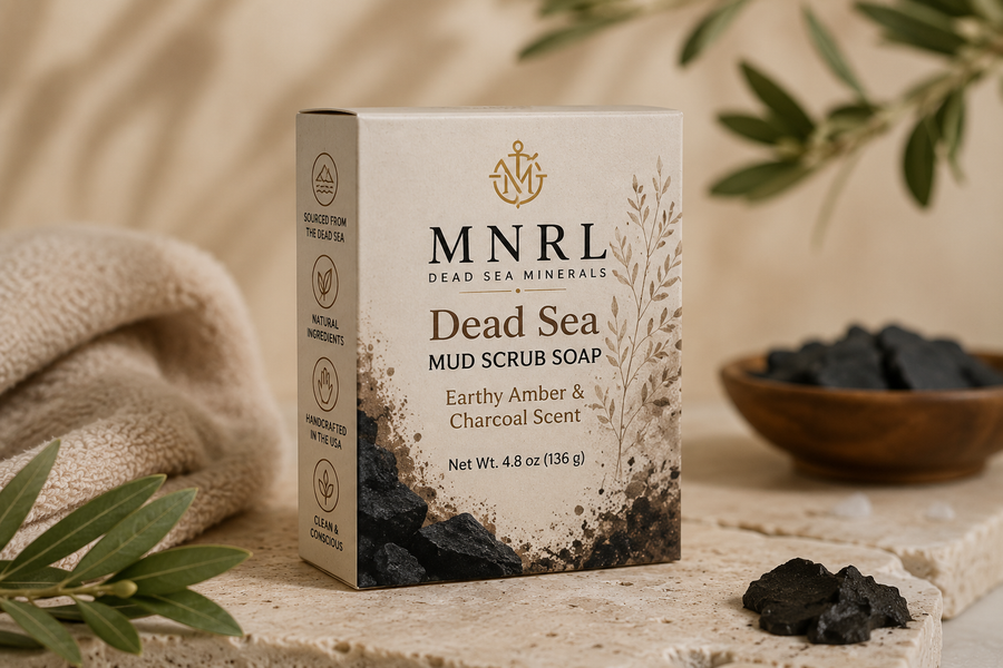 MNRL Dead Sea Mud Scrub Soap packaging, Earthy Amber & Charcoal scent, 4.8oz