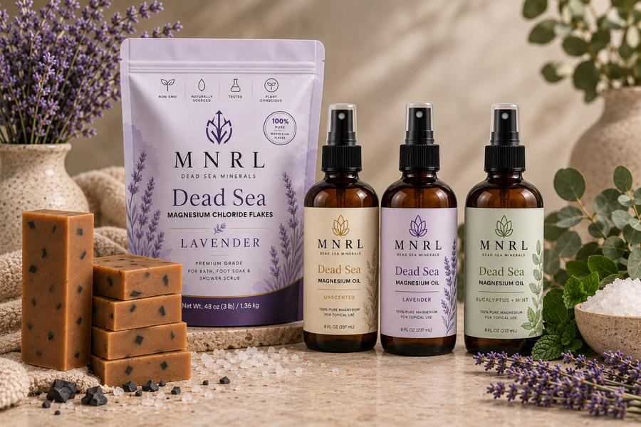 MNRL full ritual set: Dead Sea magnesium chloride flakes, mud scrub soap, and magnesium oil in three scents
